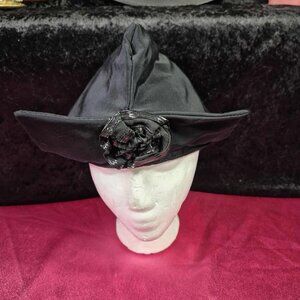 Vintage Black Hat - Midcentury Elegant Sailor Style Large with Rose on Front
